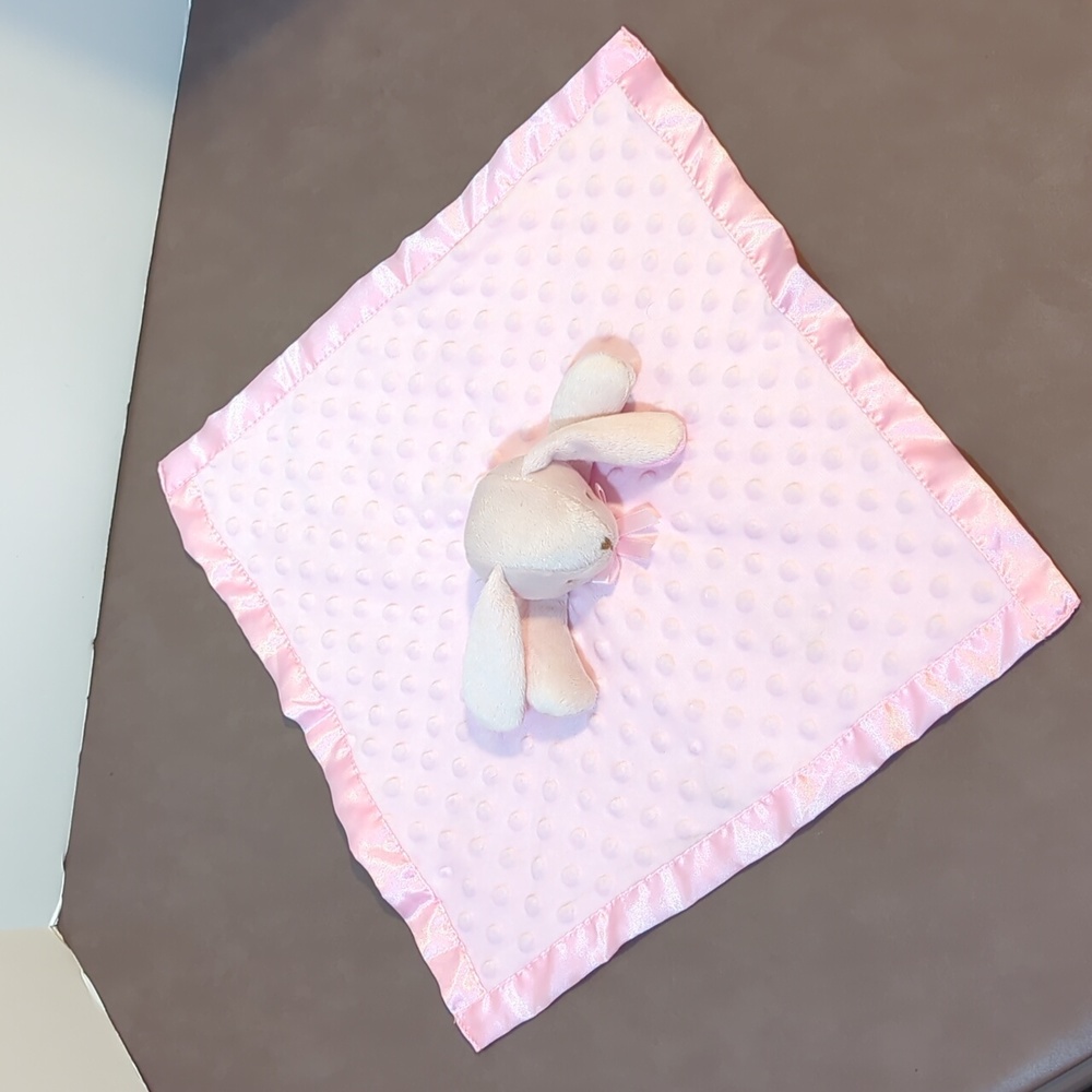 Bunny Rabbit Lovey Pink Plush Blanket Satin inside Dotted outside Sewn soft eyes